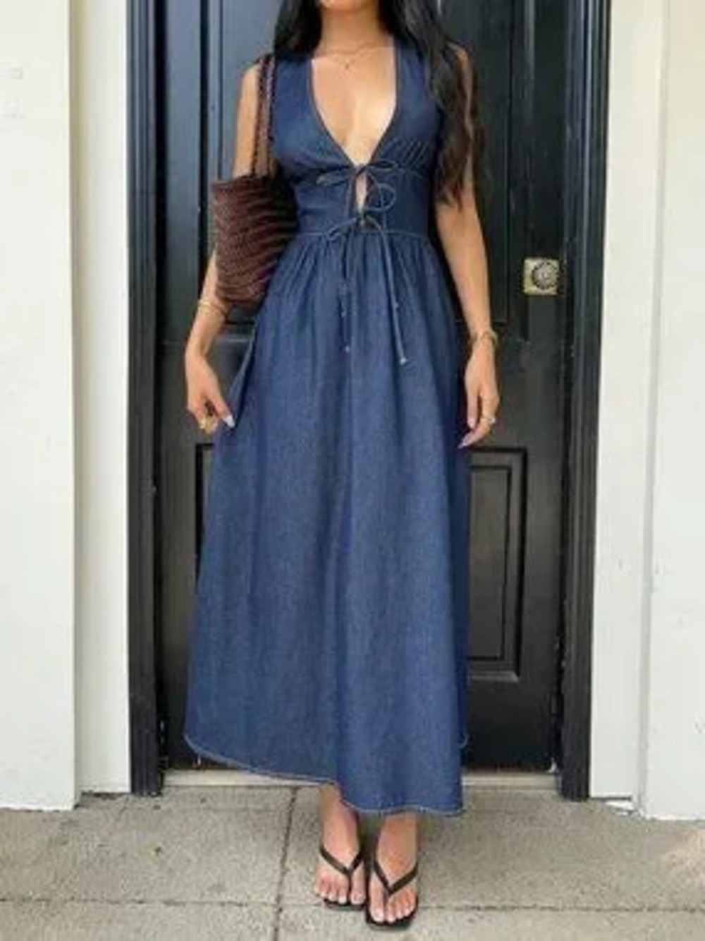 Blue Casual Women's Deep V Neck Sleeveless Denim Wrap Dress